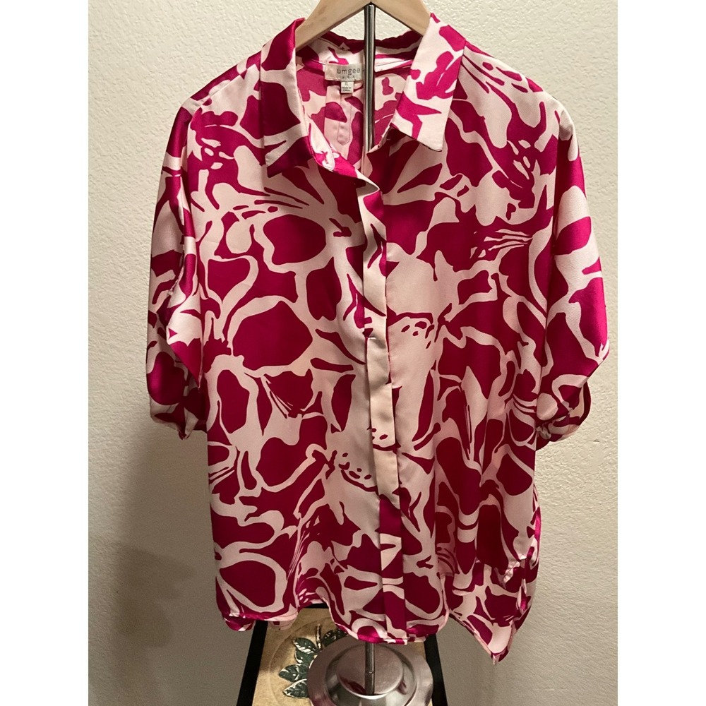 Umgee USA Women's XL Pink Floral Button Front Short Sleeve Blouse Top